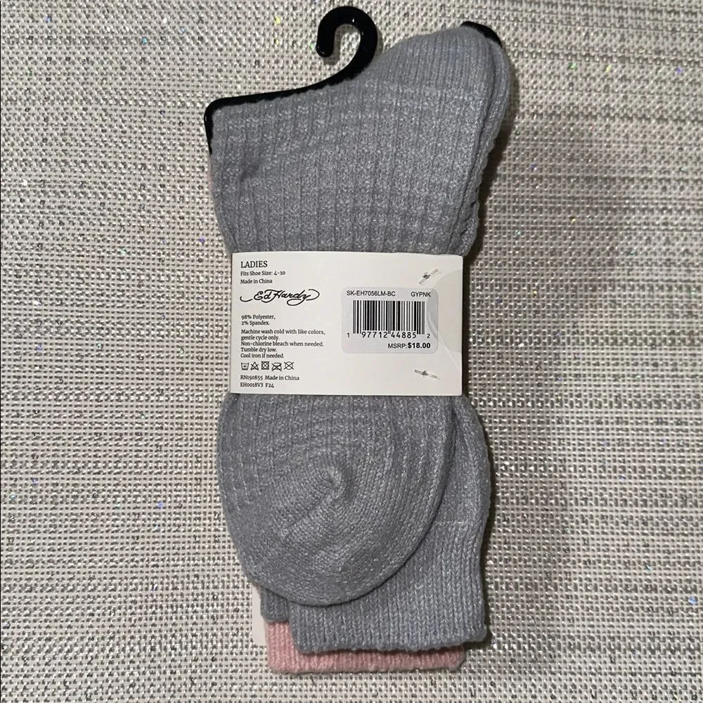 Ed Hardy Gray Pink Super Soft Waffle Knit Embroidered Slouchy Socks 2 pk